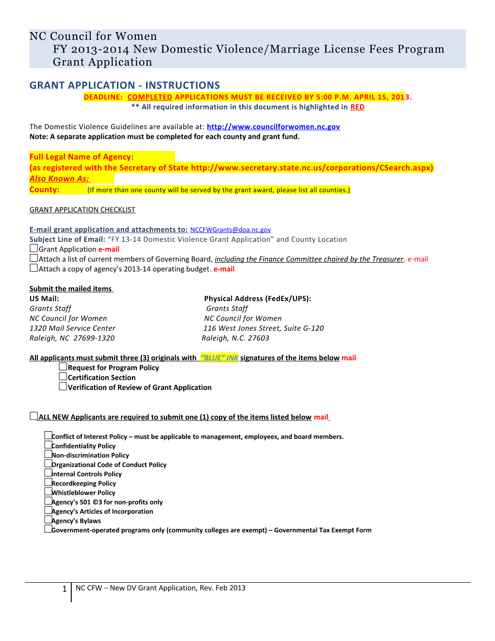 NC Council for Womenfy 2013-2014New Domestic Violence/Marriage License Feesprogram Grant