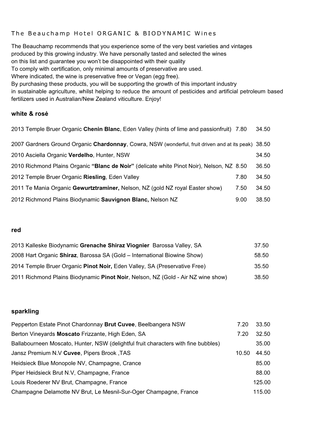 The Beauchamp Hotel ORGANIC & BIODYNAMIC Wines