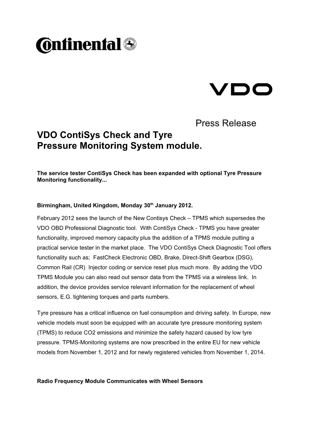 VDO Contisys Check and Tyre Pressure Monitoring System Module