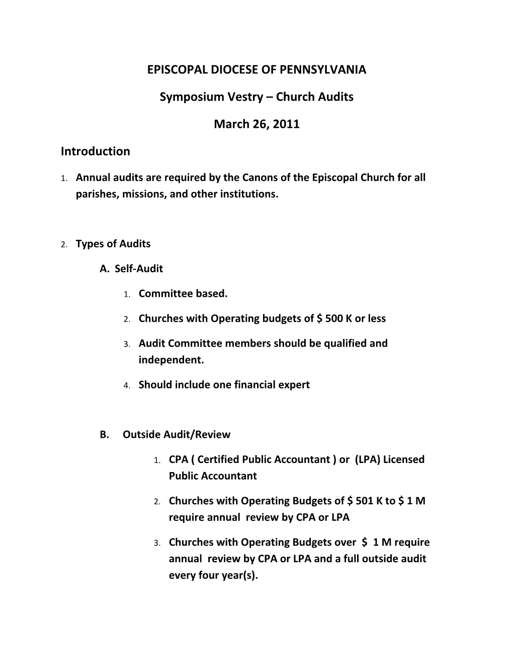 Symposium Vestry Church Audits