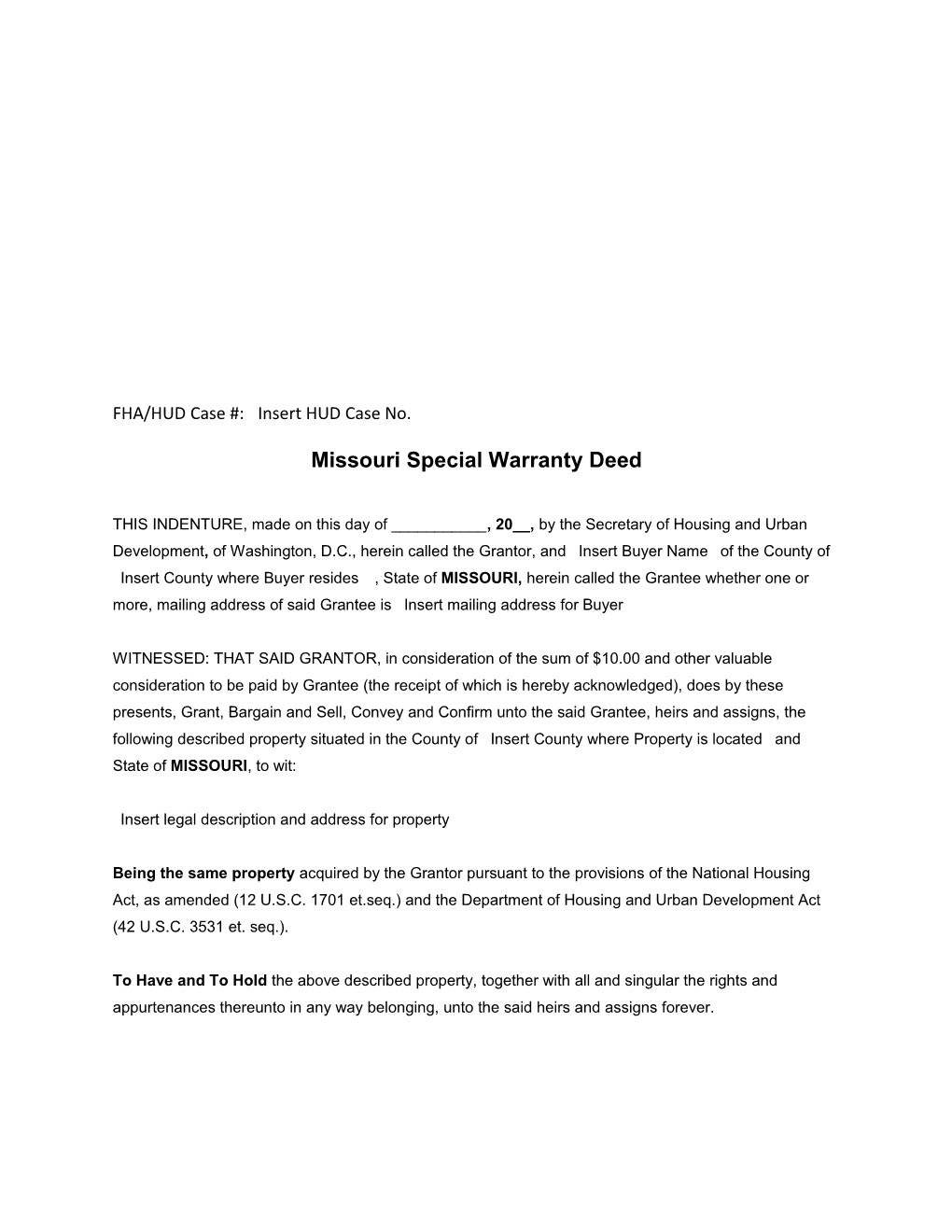 Missouri Special Warranty Deed