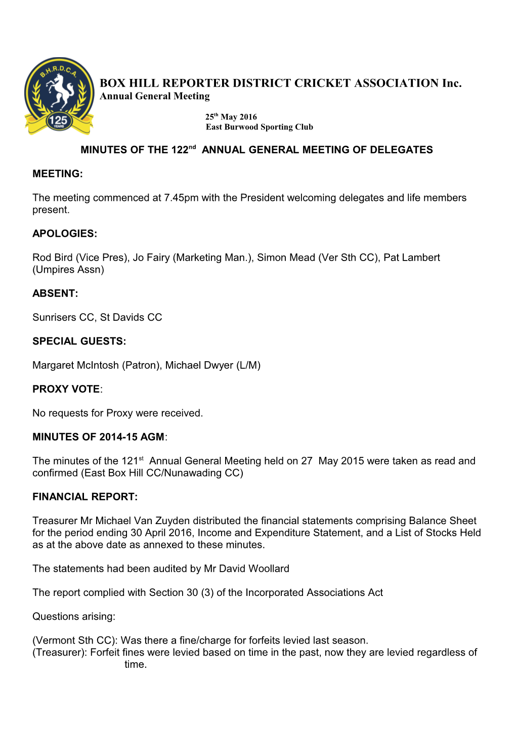 MINUTES of the 122Nd ANNUAL GENERAL MEETING of DELEGATES