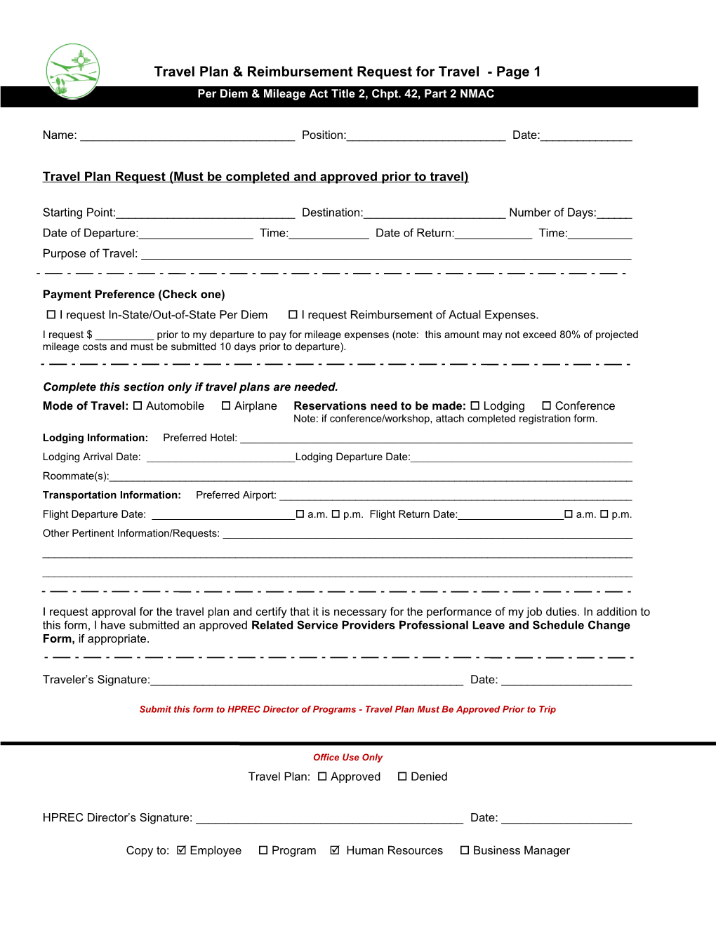 Travel Plan & Reimbursement Request for Travel - Page 1