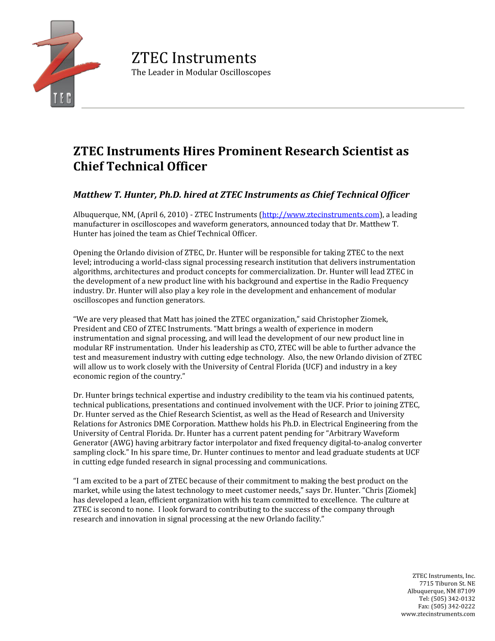 ZTEC Instruments Hires Prominent Research Scientist As Chief Technical Officer