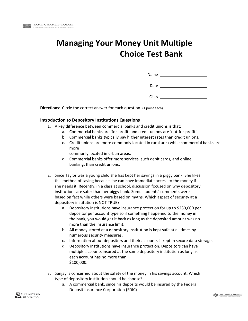 Managing Your Money Unit Multiple Choice Test Bank 2.2.0.M1