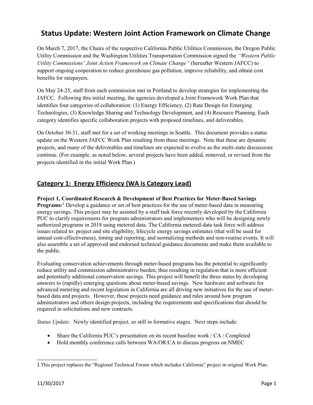 Status Update: Westernjoint Action Framework on Climate Change