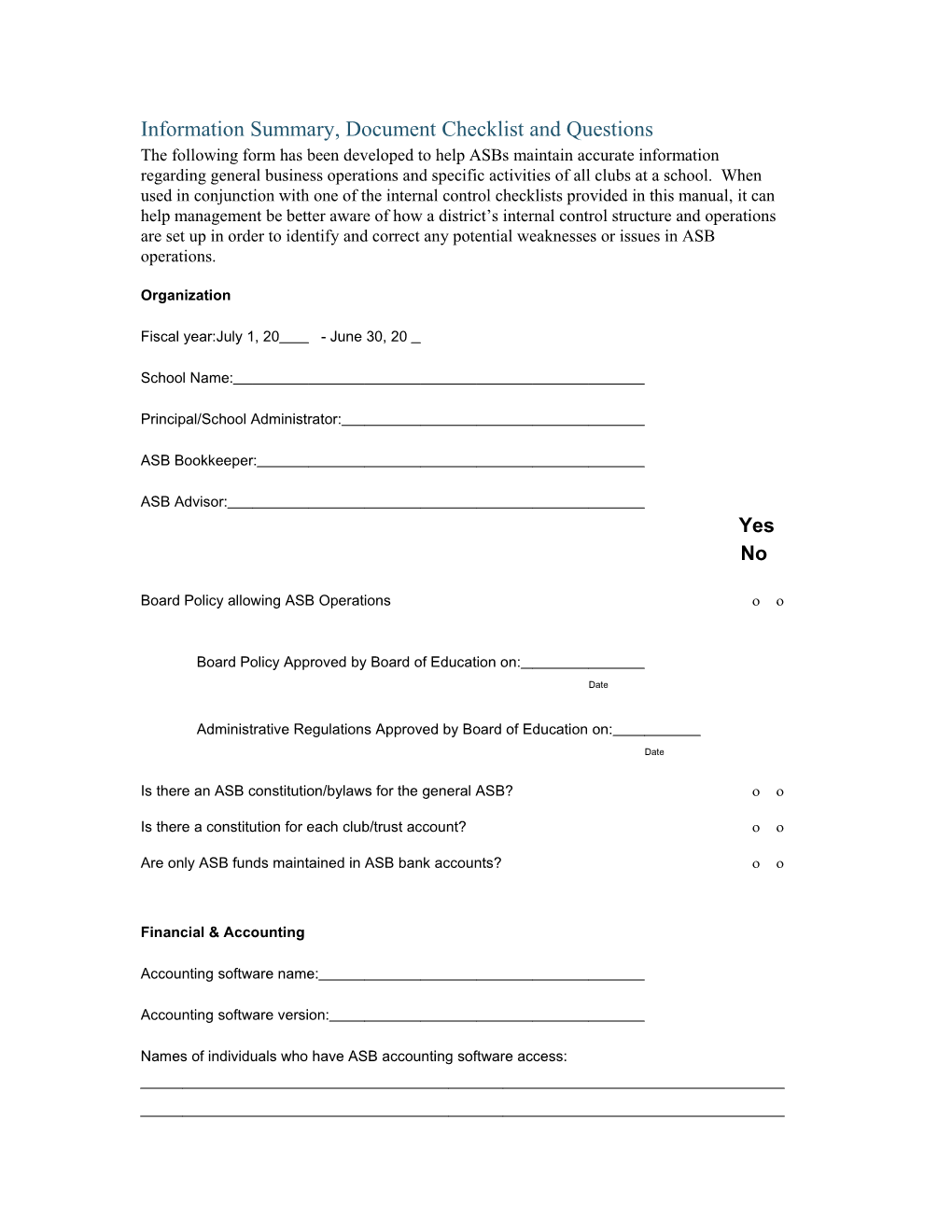Information Summary, Document Checklist and Questions