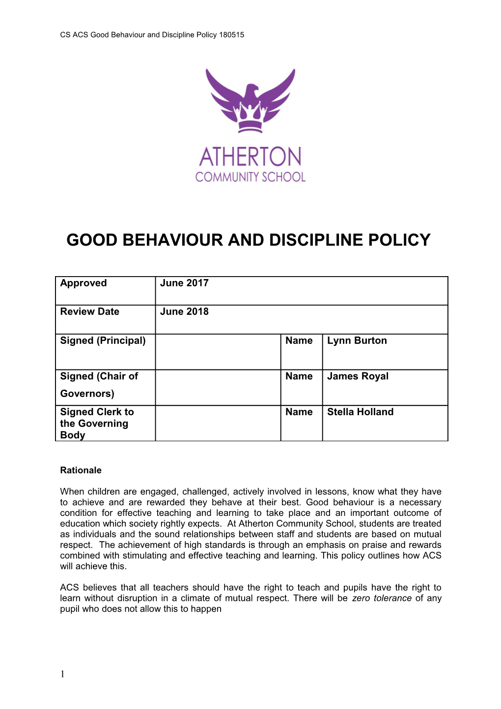 CS ACS Good Behaviour and Discipline Policy 180515