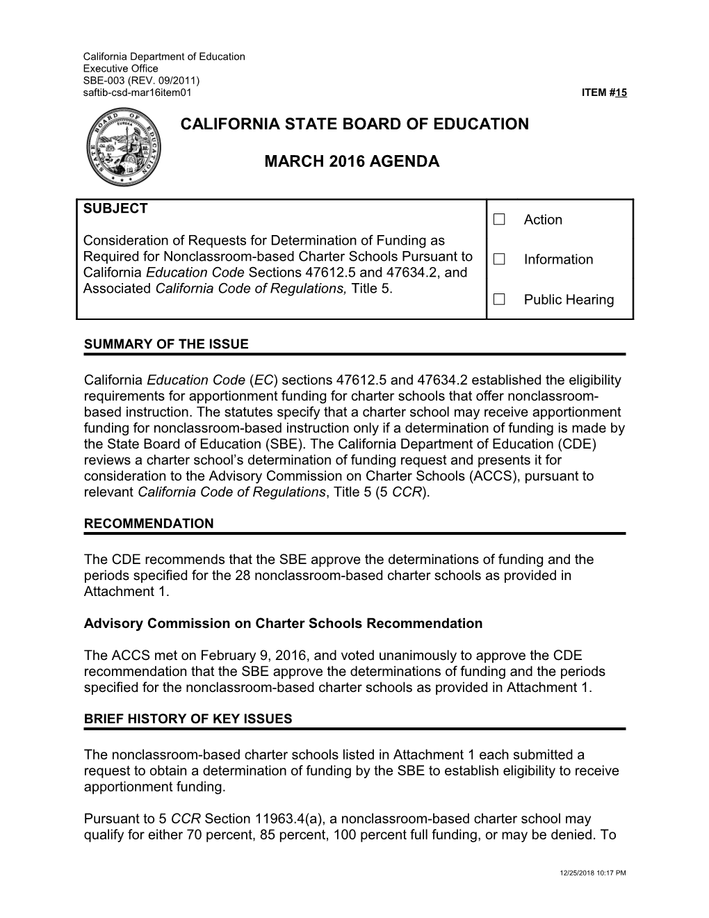 March 2016 Agenda Item 15 - Meeting Agendas (CA State Board of Education)