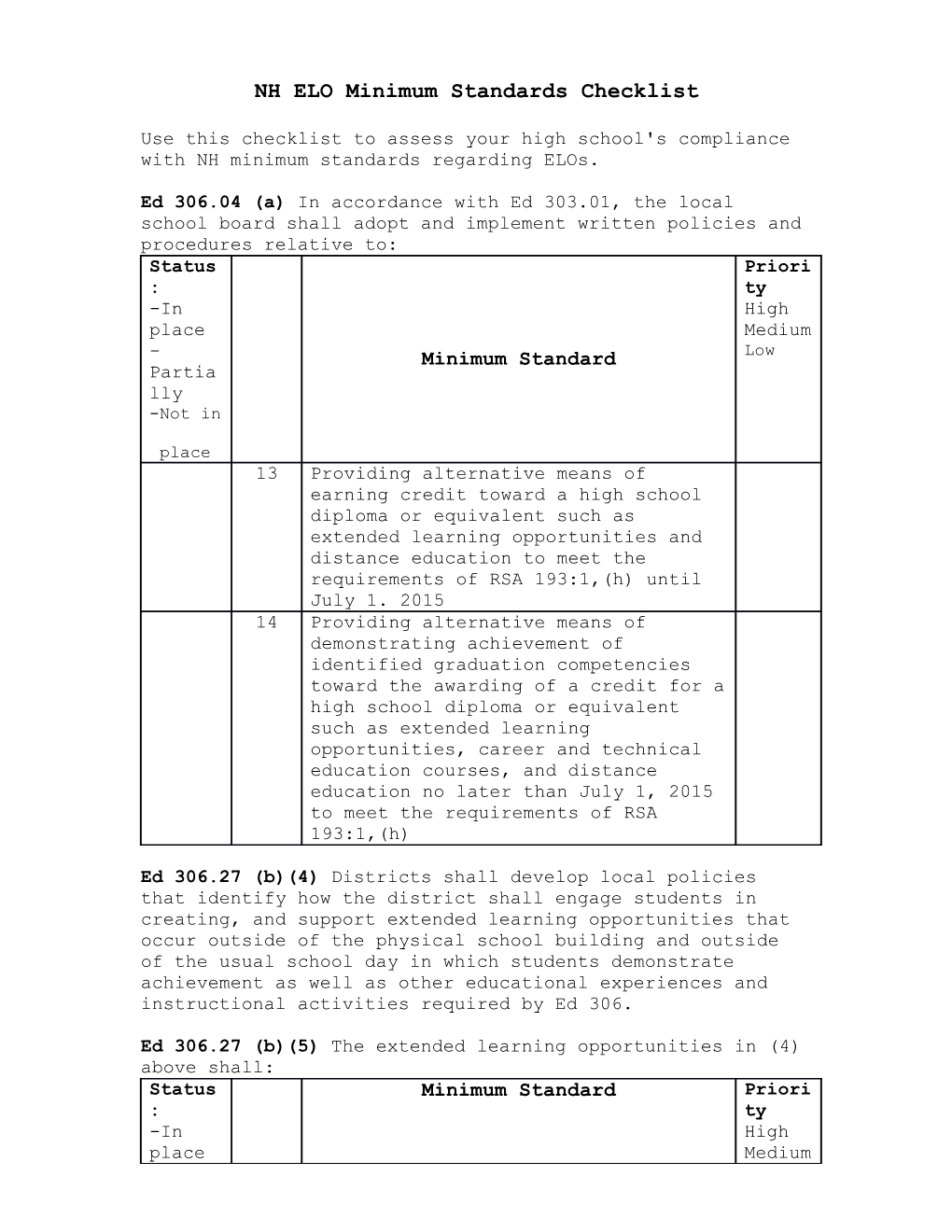 NH ELO Minimum Standards Checklist