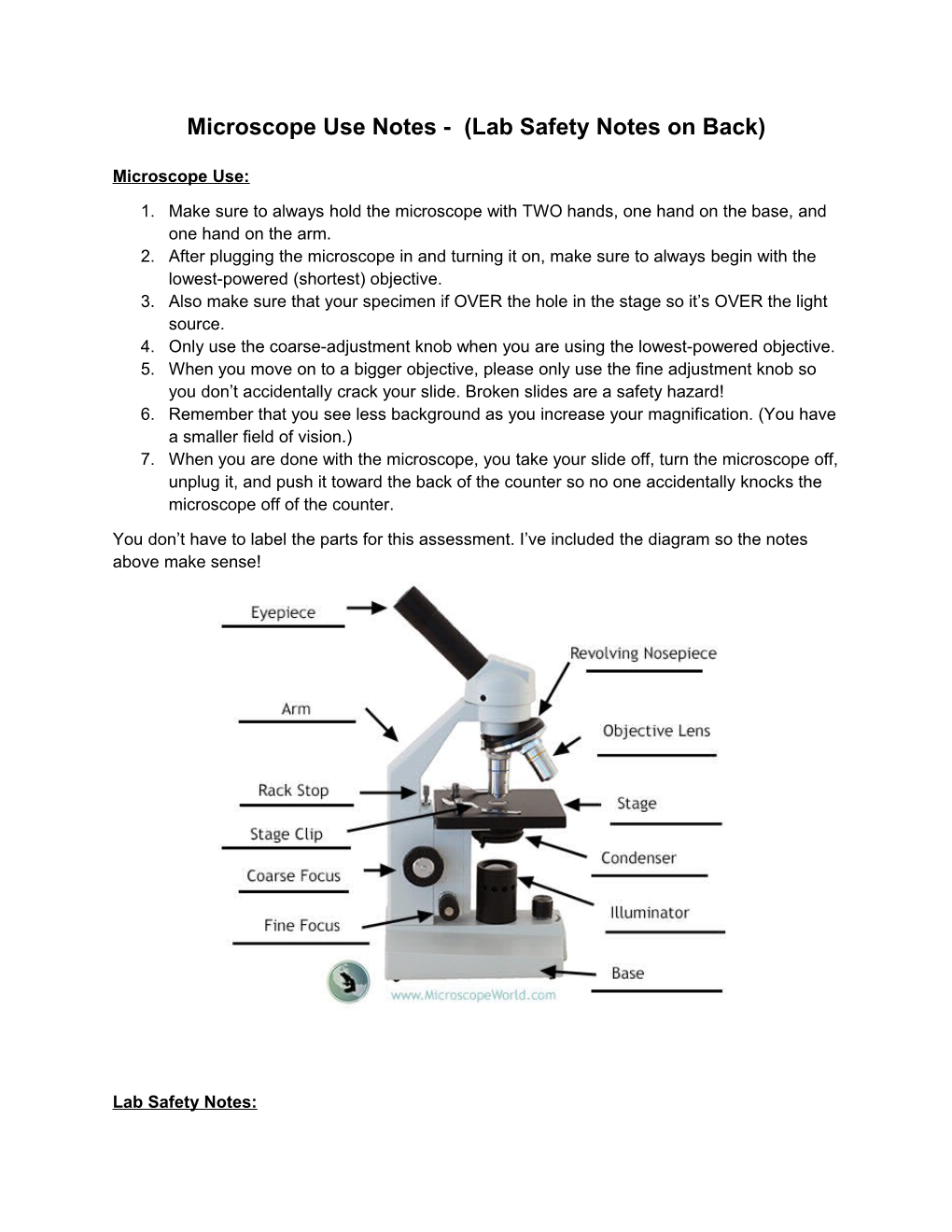 Microscope Use Notes - (Lab Safety Notes on Back)
