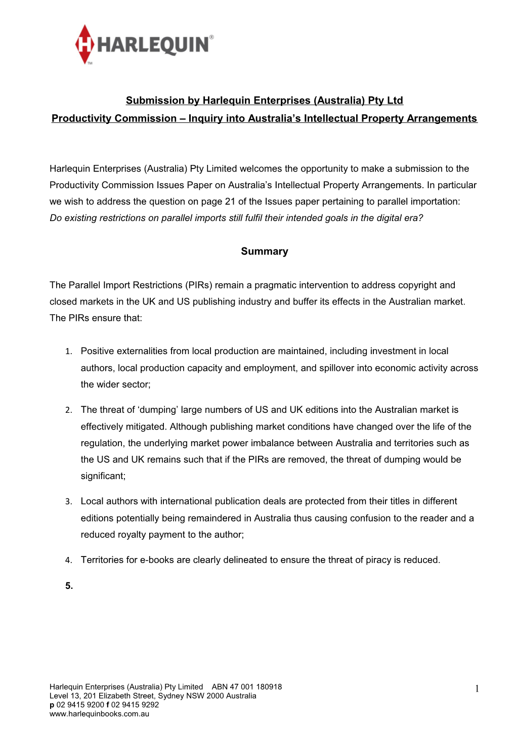 Submission 45 - Harlequin Enterprises (Australia) Pty Ltd -Intellectual Property Arrangements