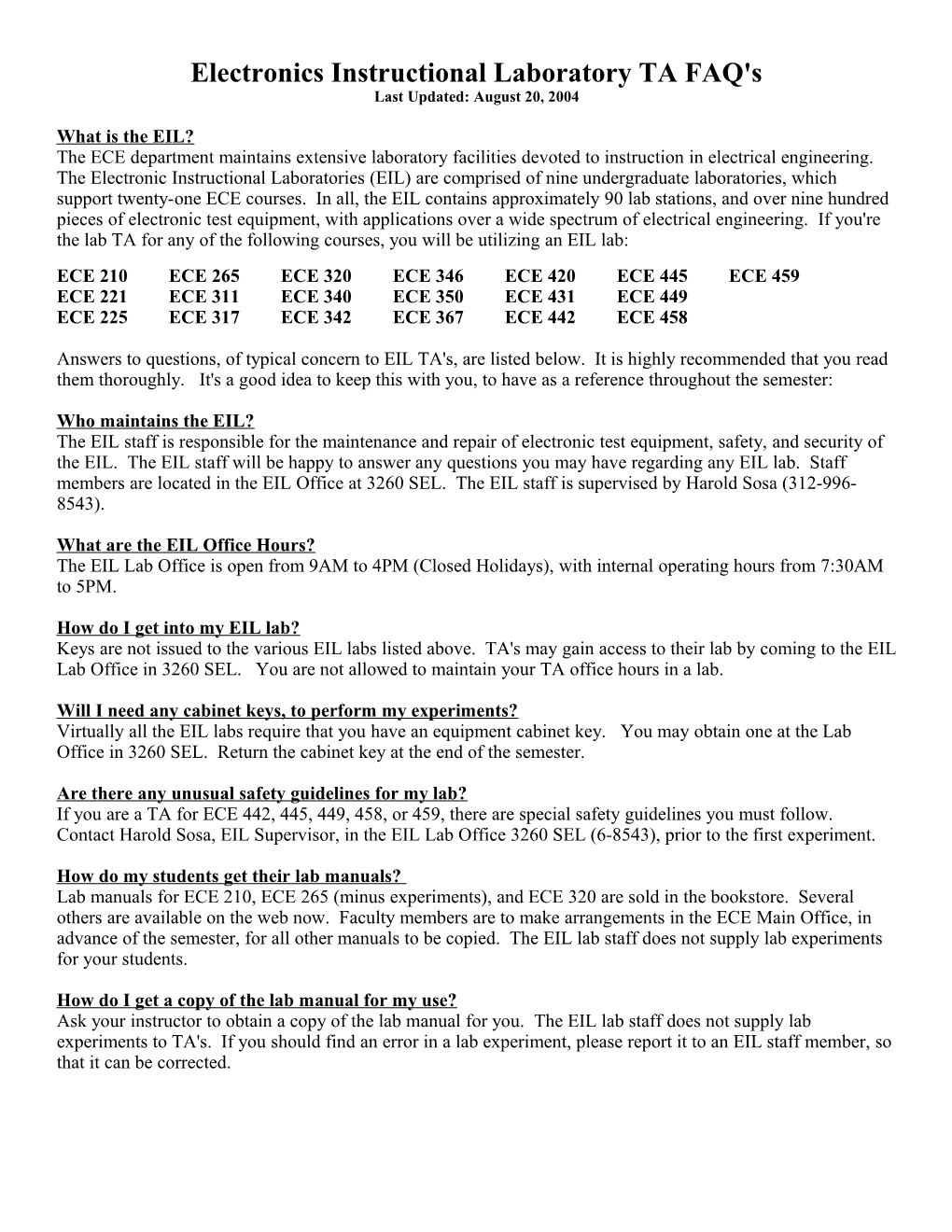 Electronics Instructional Laboratory TA FAQ's