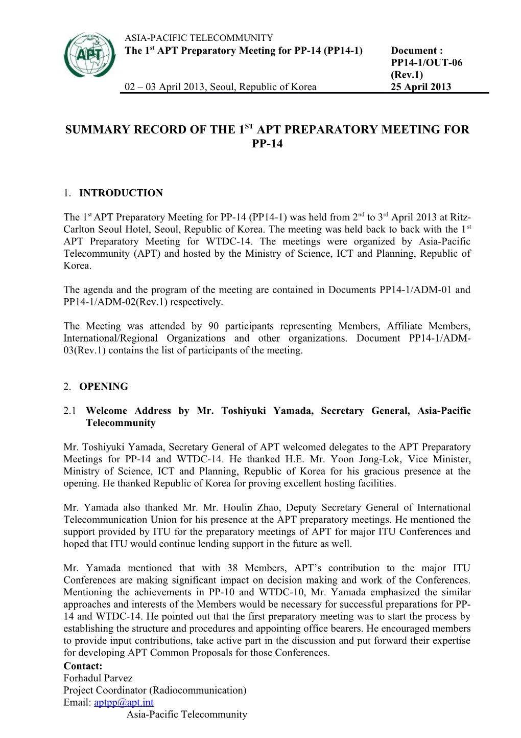 Summary Record of the 1St APT Preparatory Meeting for Pp-14