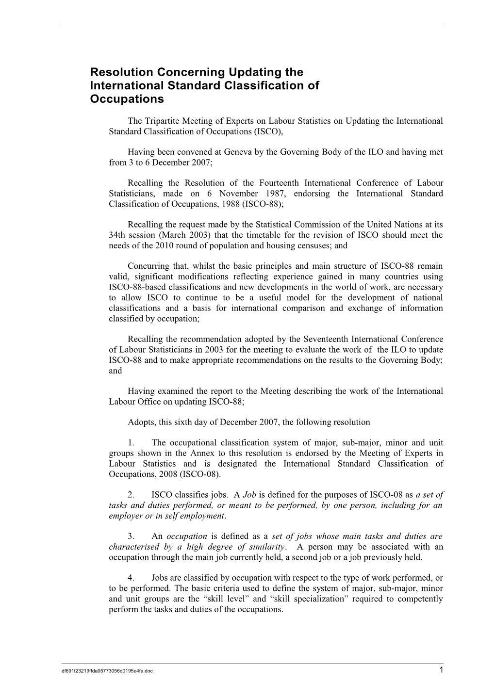 Resolution Concerning Updating the International Standard Classification of Occupations