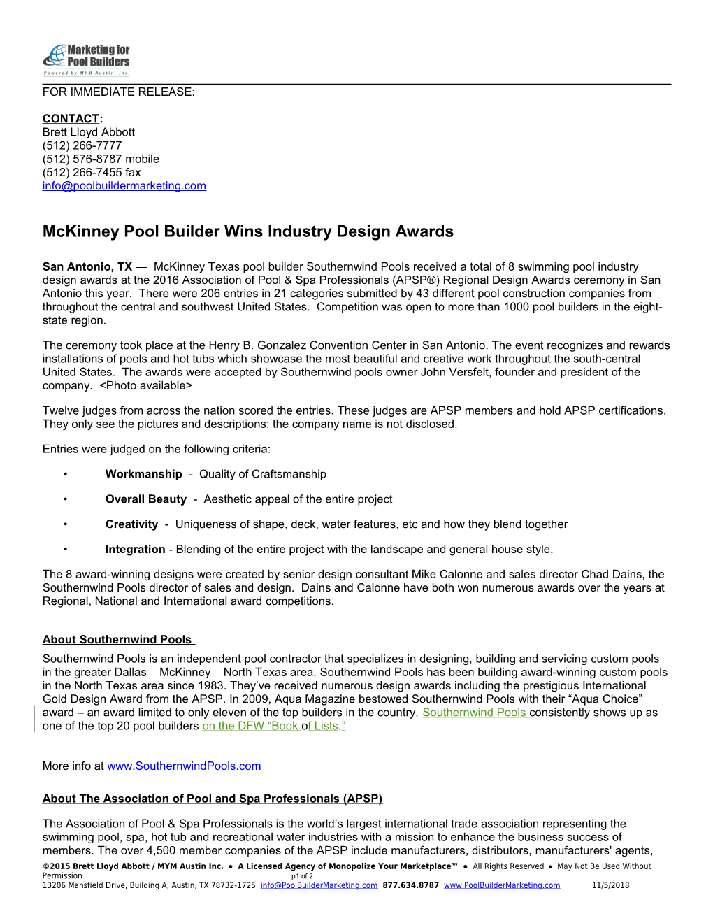 Mckinney Pool Builder Wins Industry Design Awards