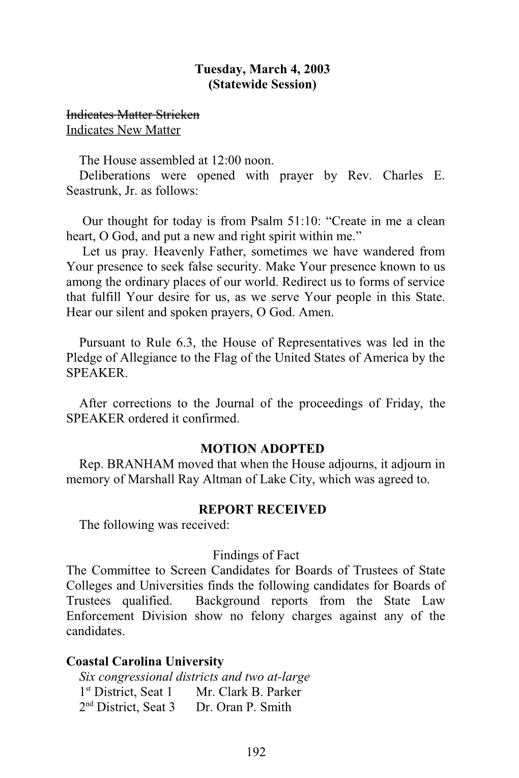House Journal for Mar. 4, 2003 - South Carolina Legislature Online