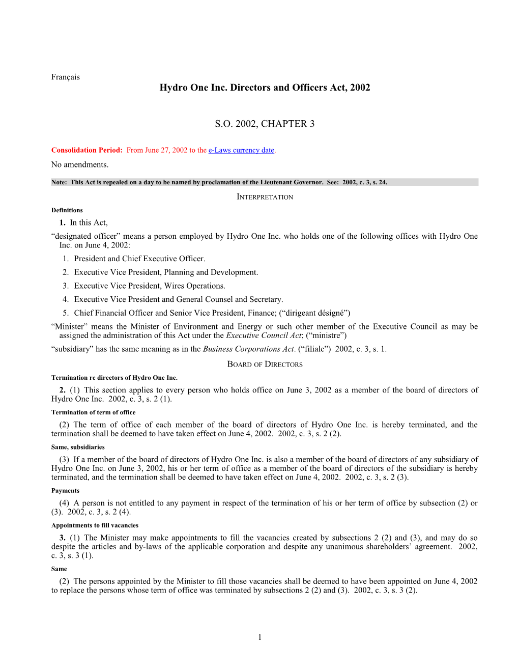 Hydro One Inc. Directors and Officers Act, 2002, S.O. 2002, C. 3