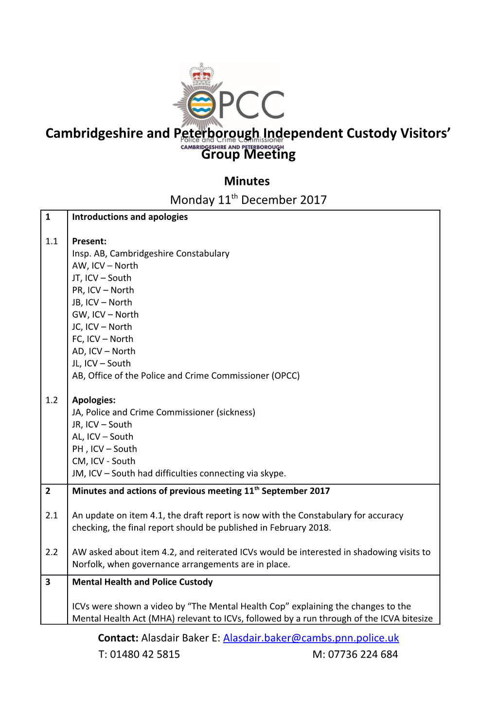 Cambridgeshire and Peterborough Independent Custody Visitors Group Meeting