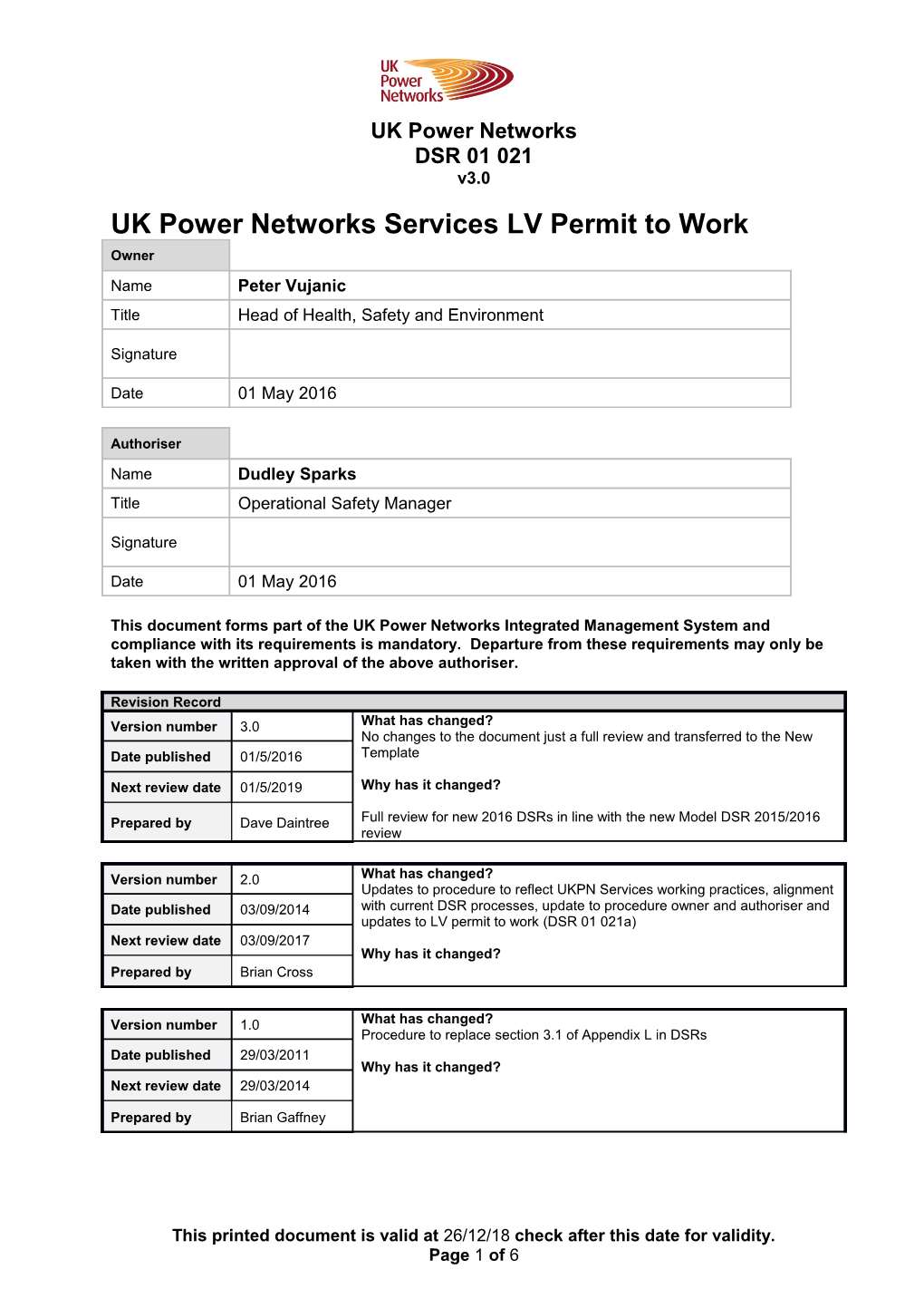 DSR 01 021 UK Power Networks Services LV Permit to Work
