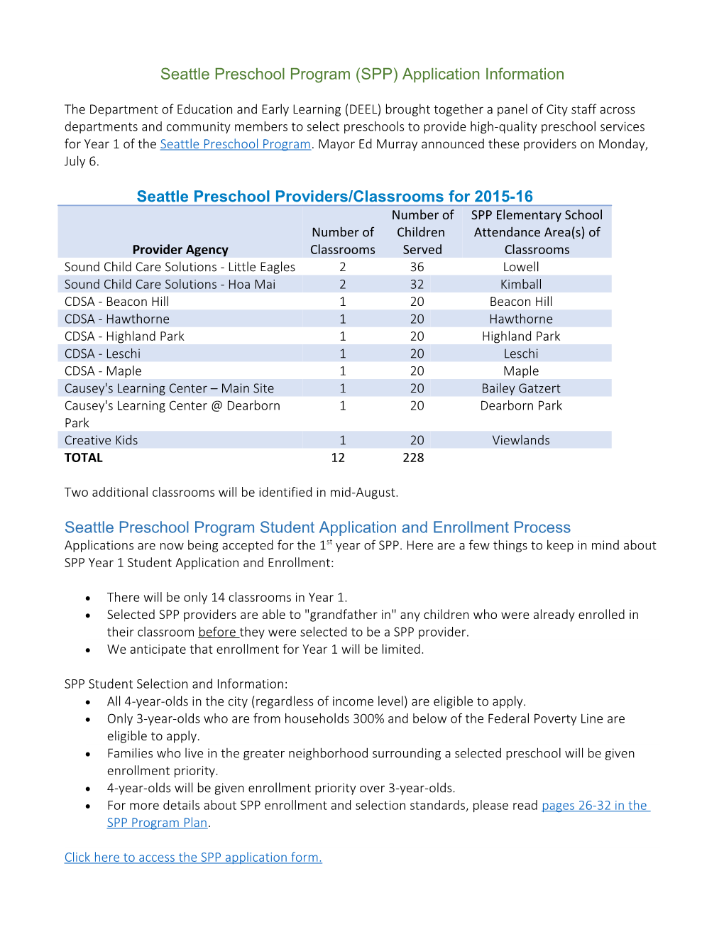 Seattle Preschool Program (SPP) Application Information