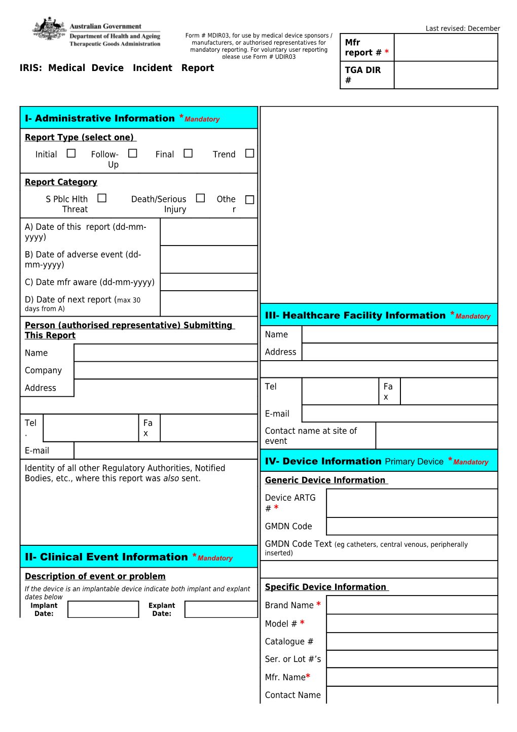 Medical Device Incident Report Form