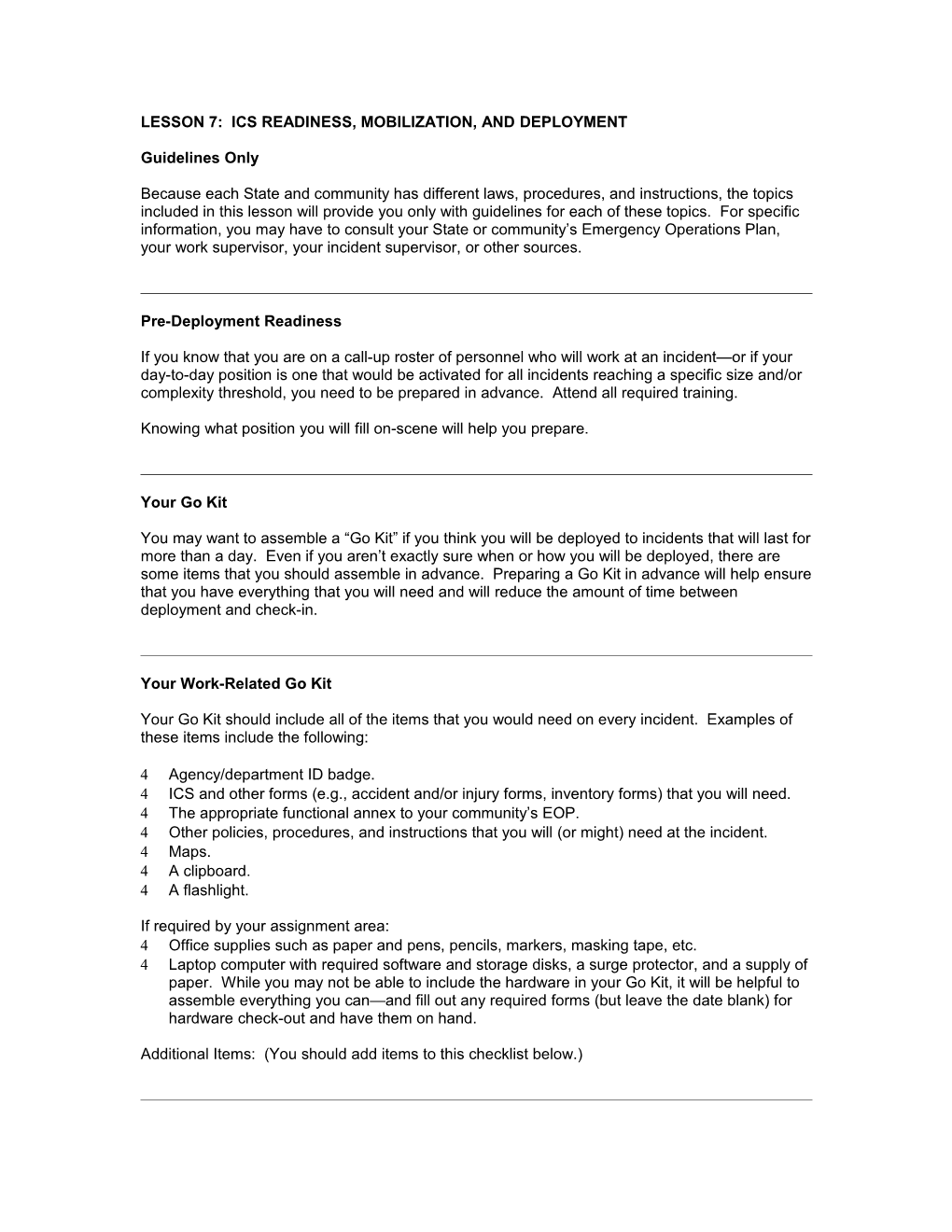 Lesson 7: Ics Readiness, Mobilization, and Deployment