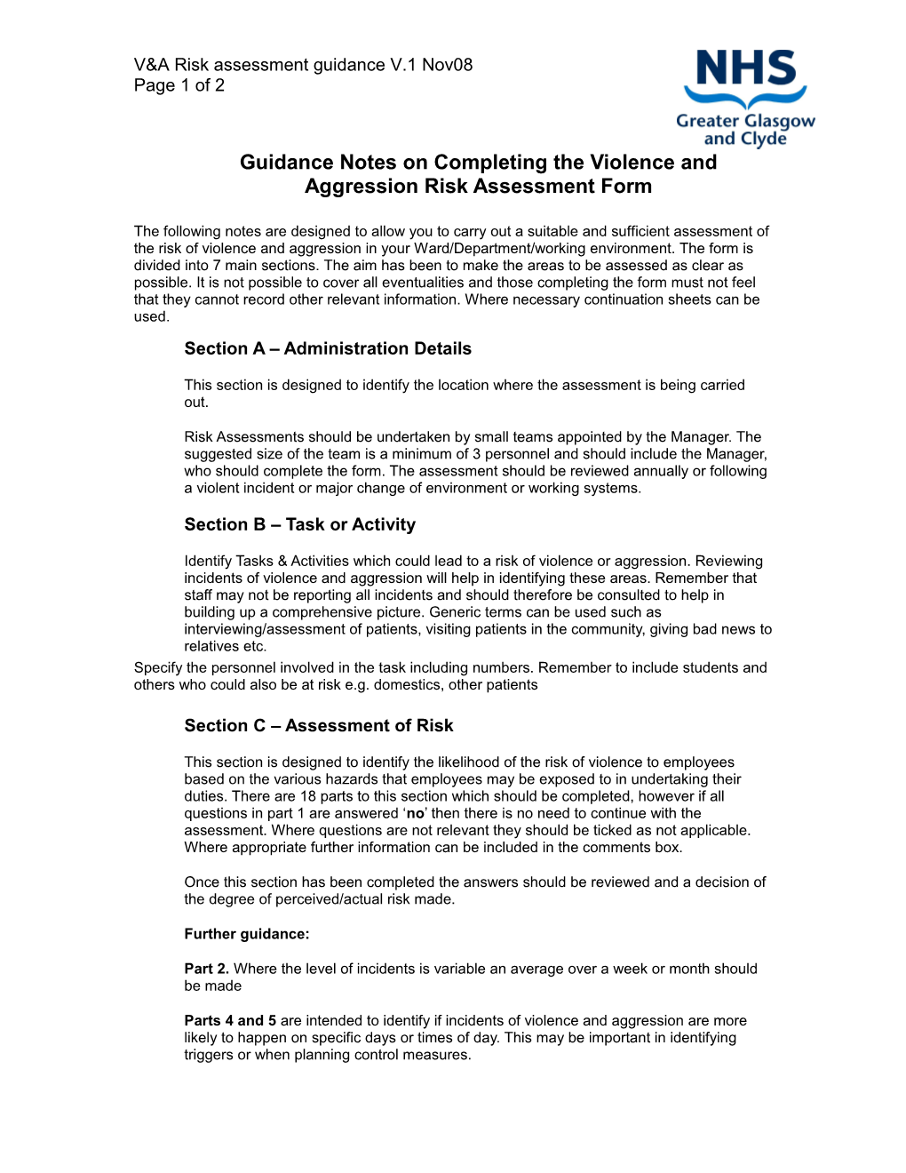 Guidance Notes on Completing the Violence and Aggression Risk Assessment Form