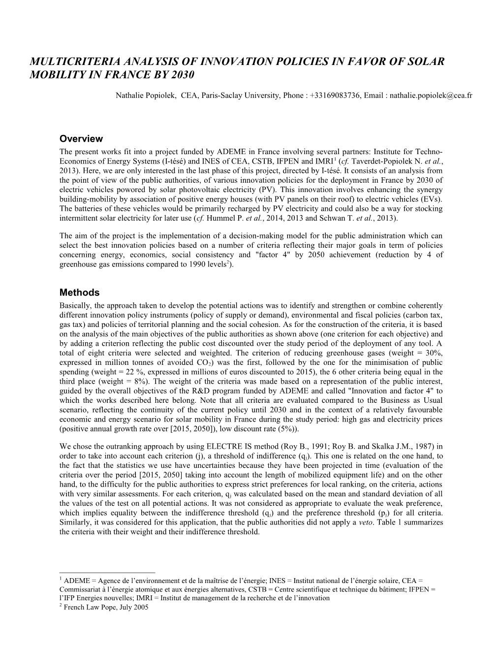 Multicriteria Analysis of Innovation Policies in Favor of Solar Mobility in France by 2030