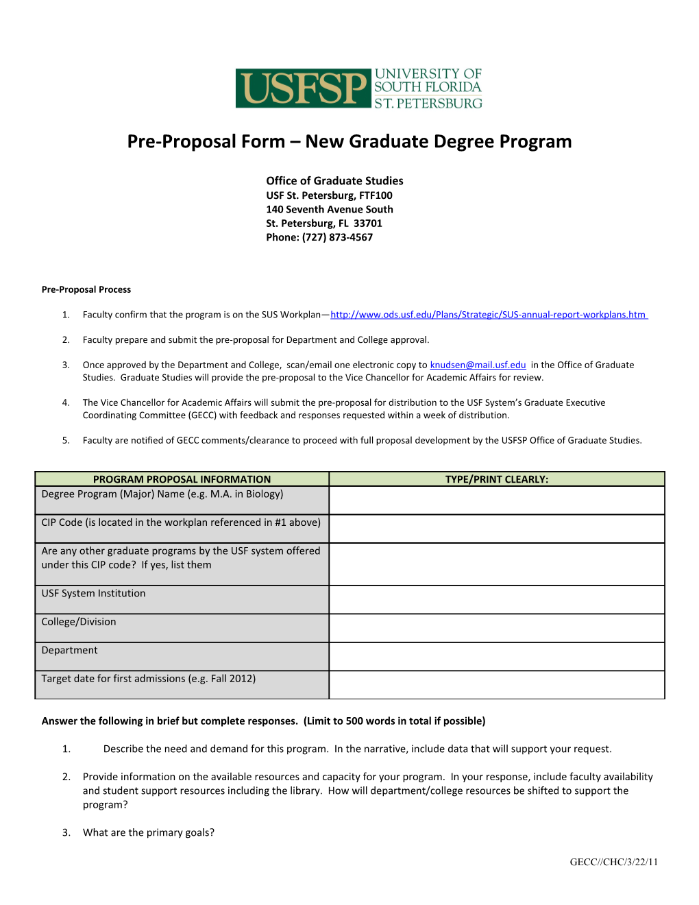 Pre-Proposal Form New Graduate Degree Program