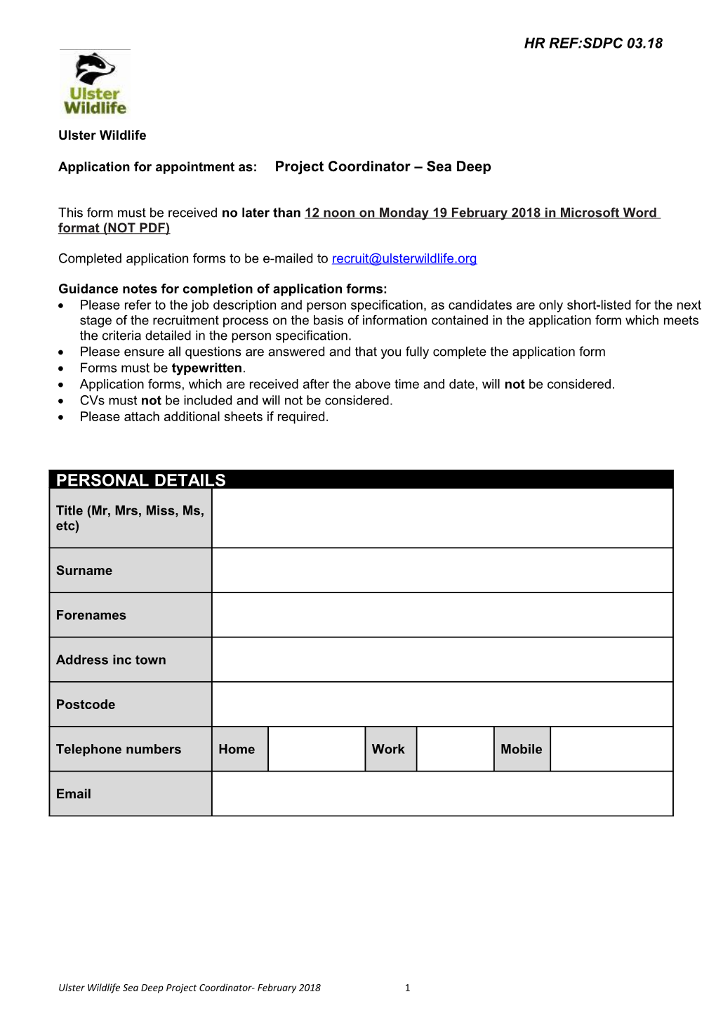 Application for Appointment As:Project Coordinator Sea Deep