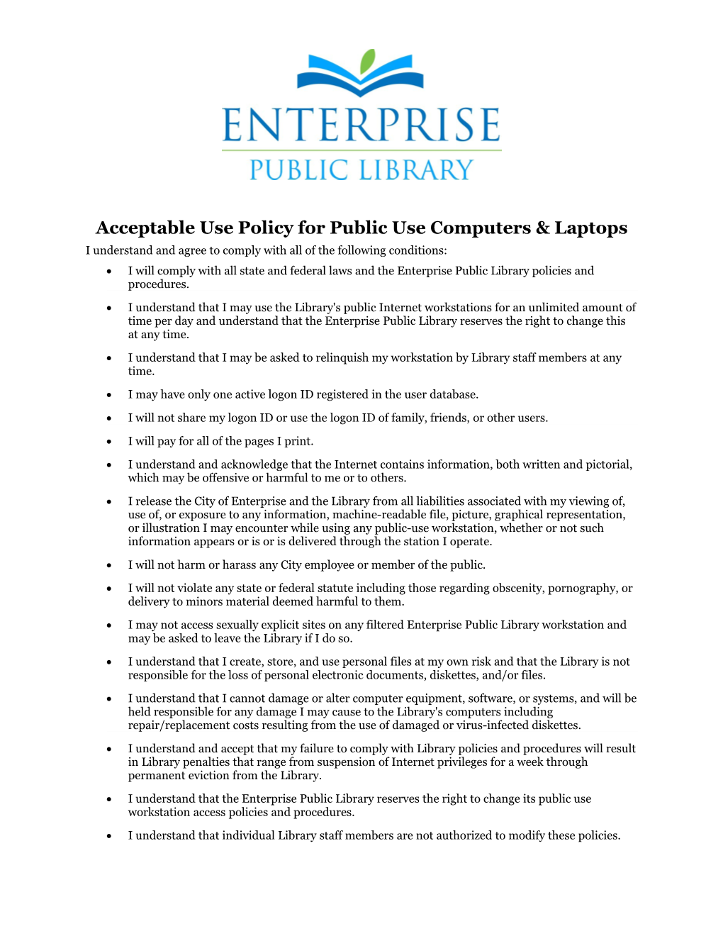 Acceptable Use Policy for Public Use Computers & Laptops