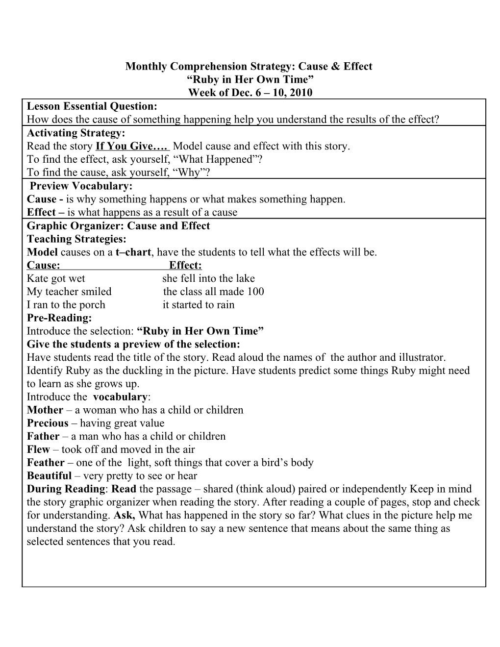 Monthly Comprehension Strategy: Cause & Effect