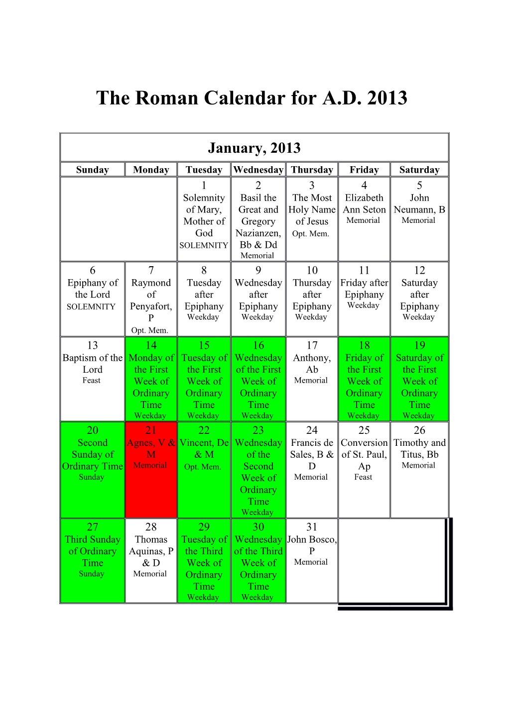 The Roman Calendar for A.D. 2013