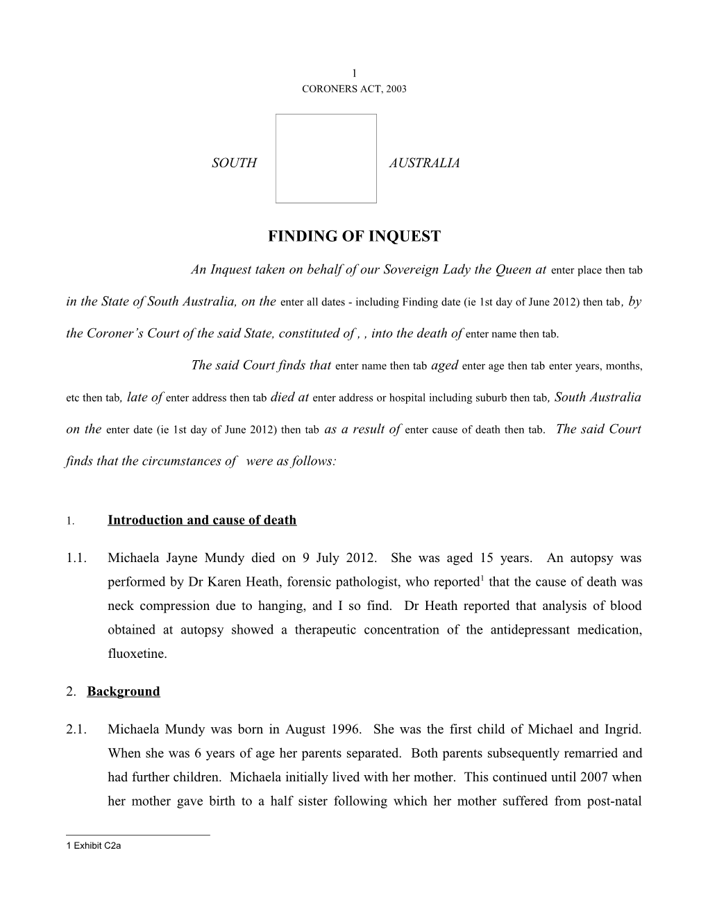 Finding of Inquest - Michaela Jayne Mundy