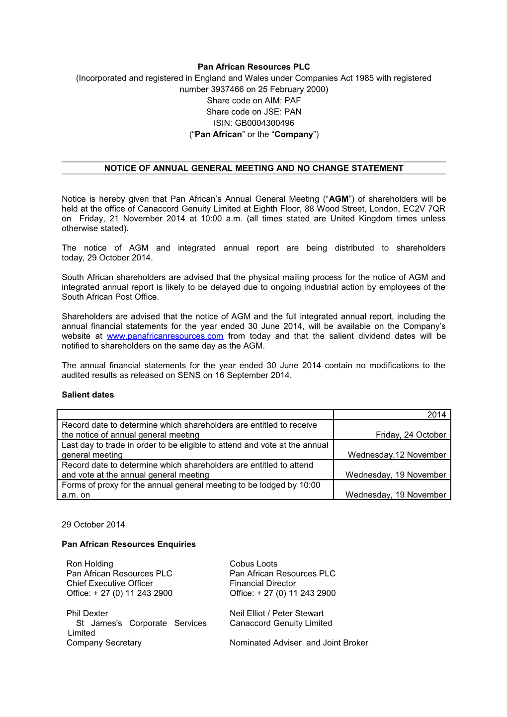 Notice of Annual General Meeting and No Change Statement