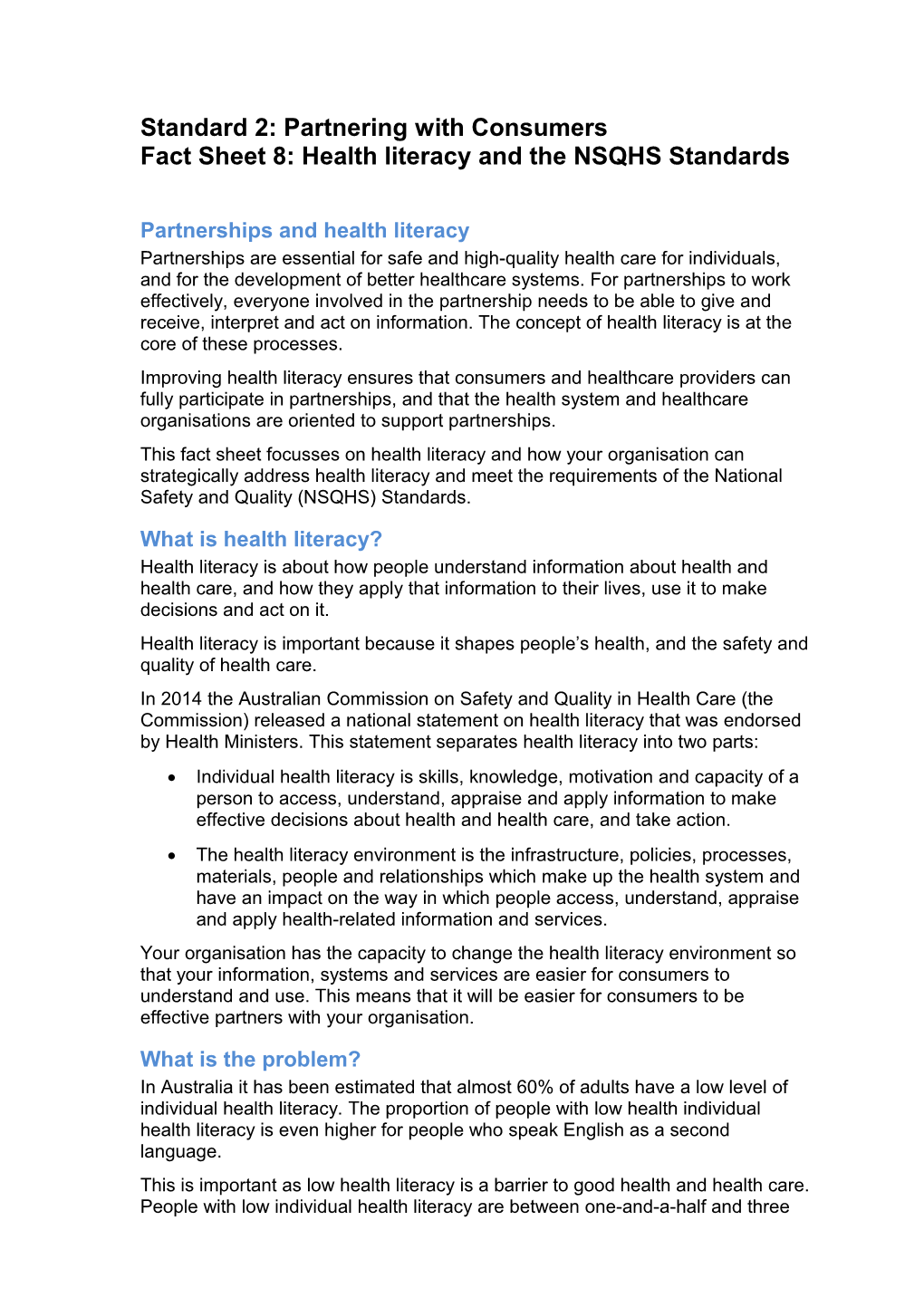 Fact Sheet 8: Health Literacy and the NSQHS Standards