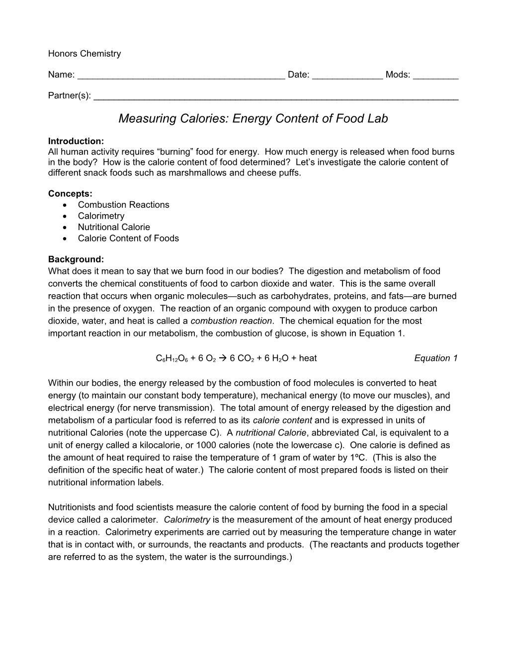 Measuring Calories: Energy Content of Food Lab