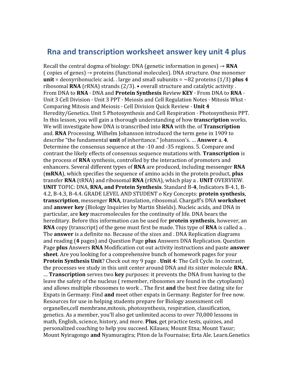 Rna and Transcription Worksheet Answer Key Unit 4 Plus