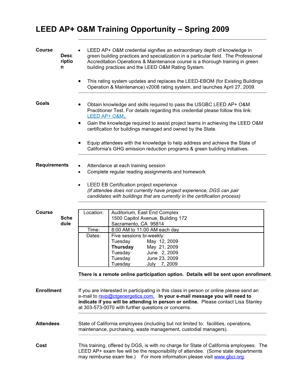 LEED AP+ O&M Training Opportunity