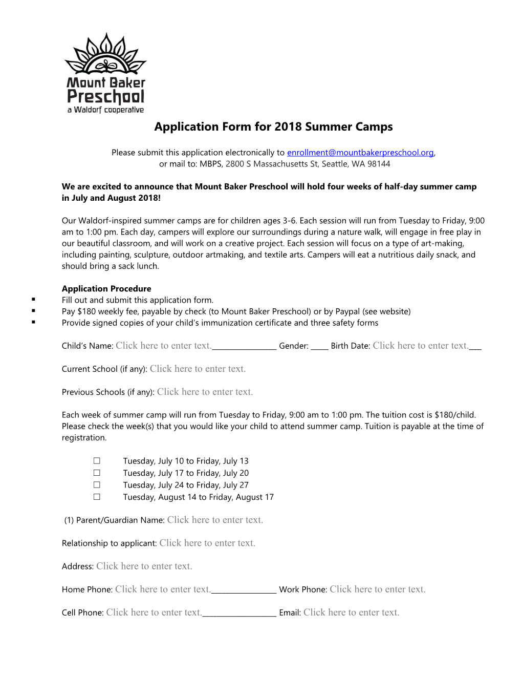 Mount Baker Preschool Application Information