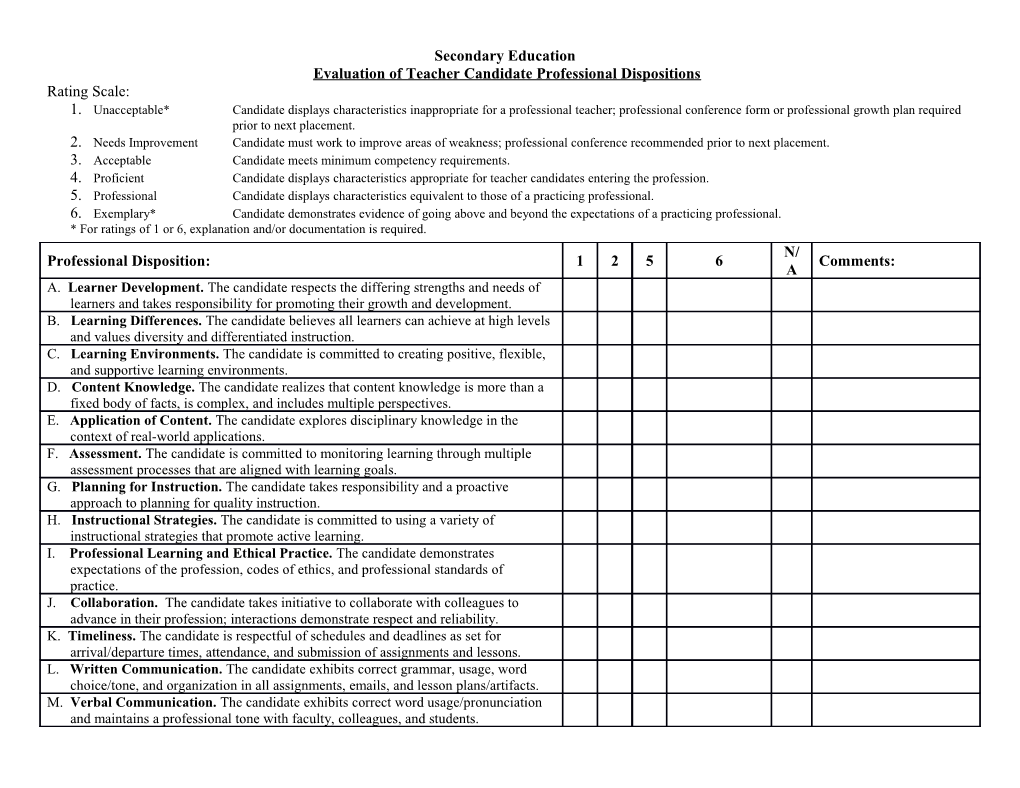 Evaluation of Teacher Candidate Professional Dispositions