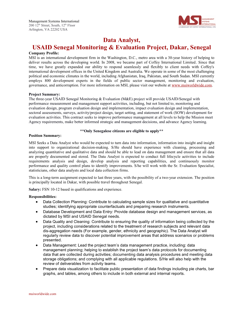 USAID Senegal Monitoring & Evaluation Project, Dakar, Senegal
