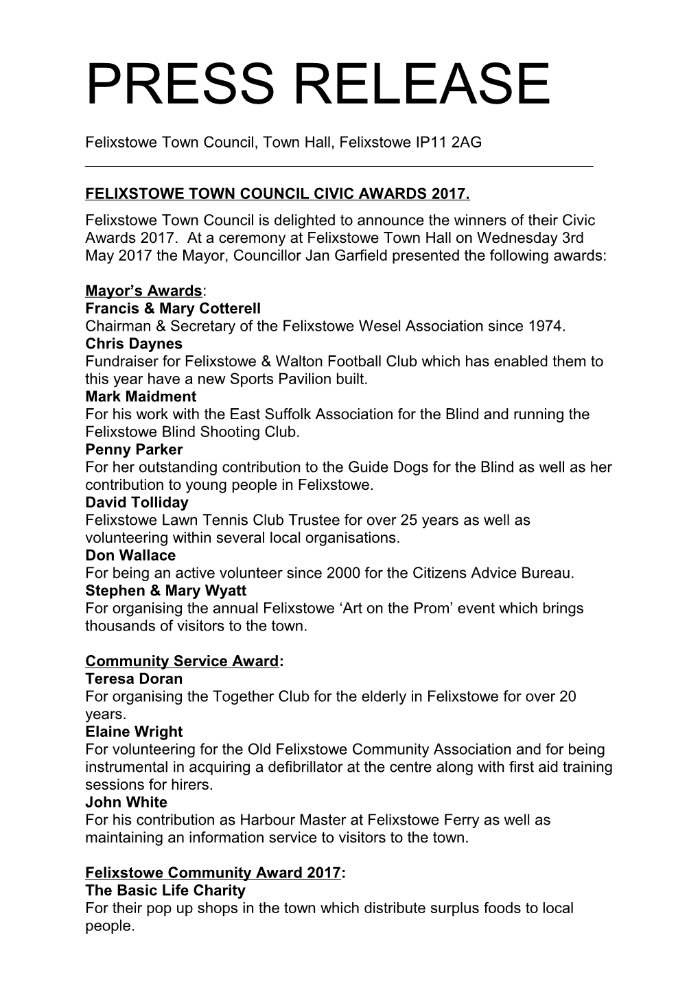 Felixstowe Town Council Civic Awards 2017