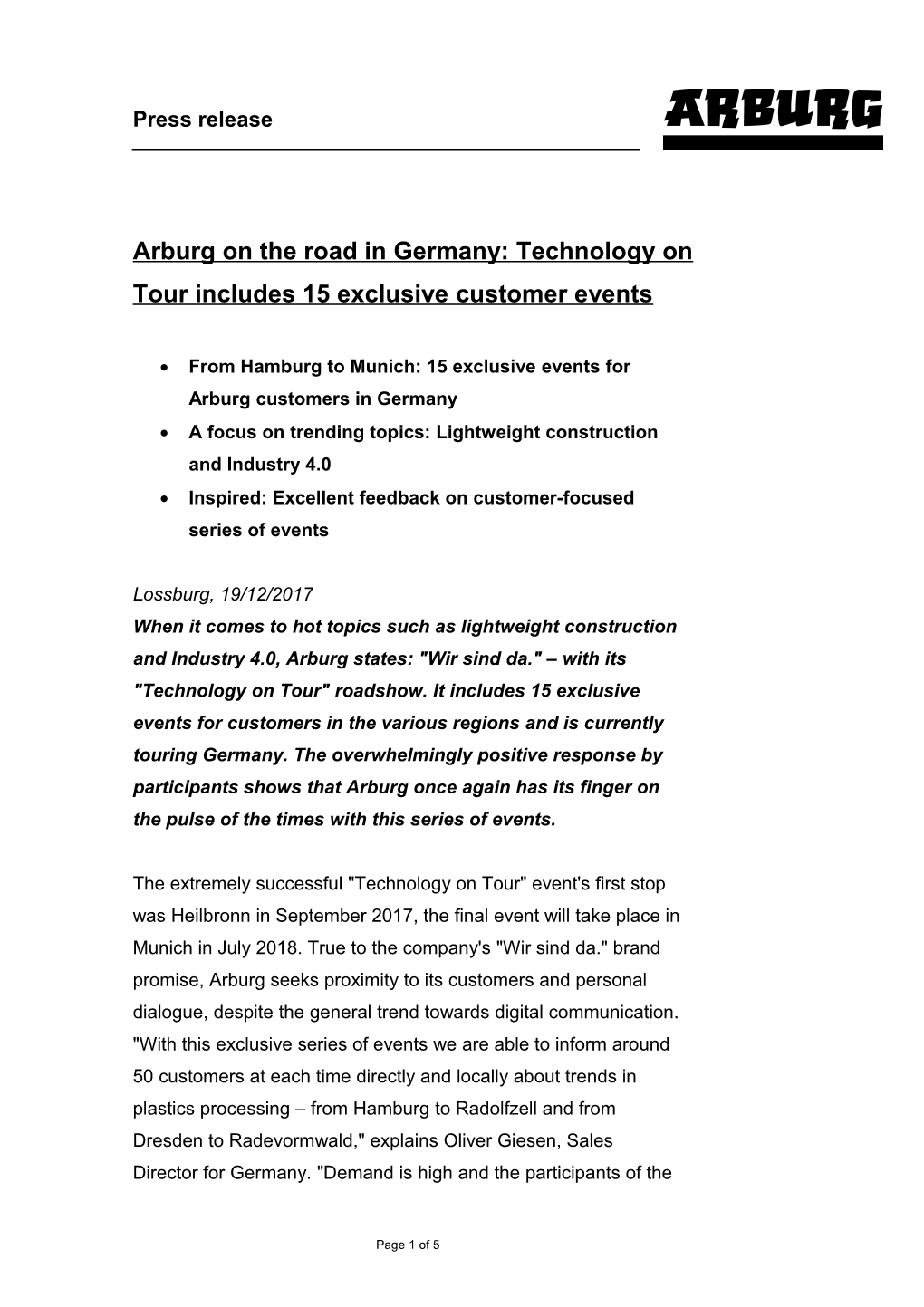 Arburg on the Road in Germany: Technology on Tour Includes 15 Exclusive Customer Events