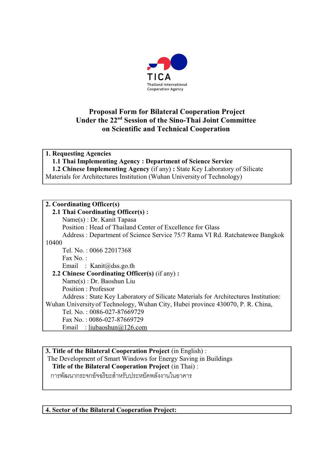 Proposal Form for Bilateral Cooperation Project