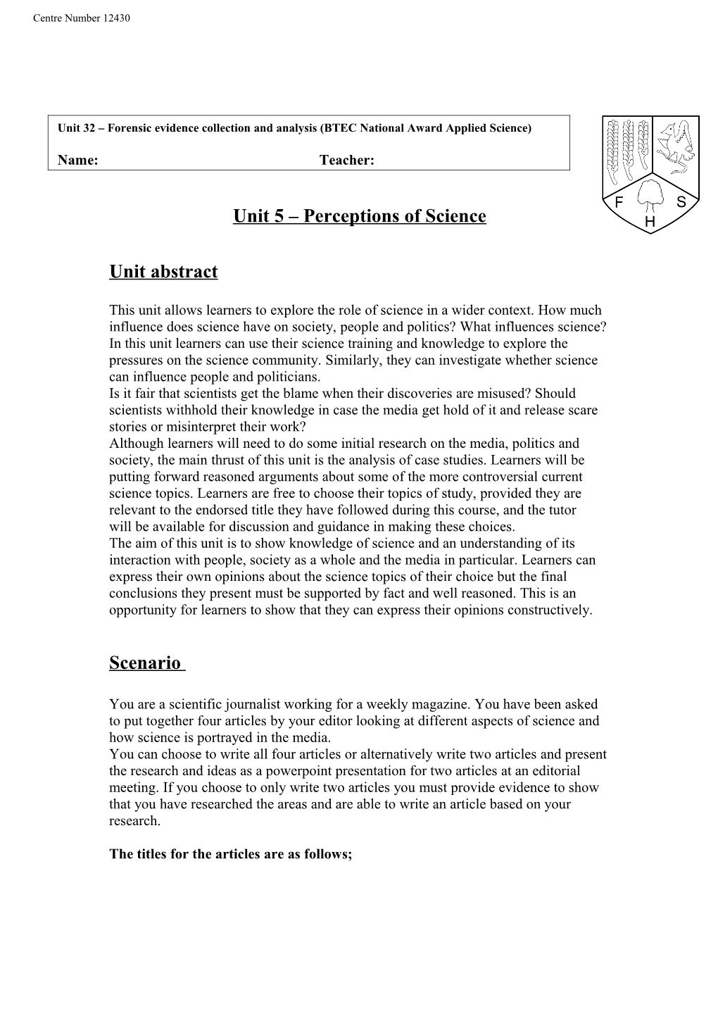 Unit 5 Perceptions of Science