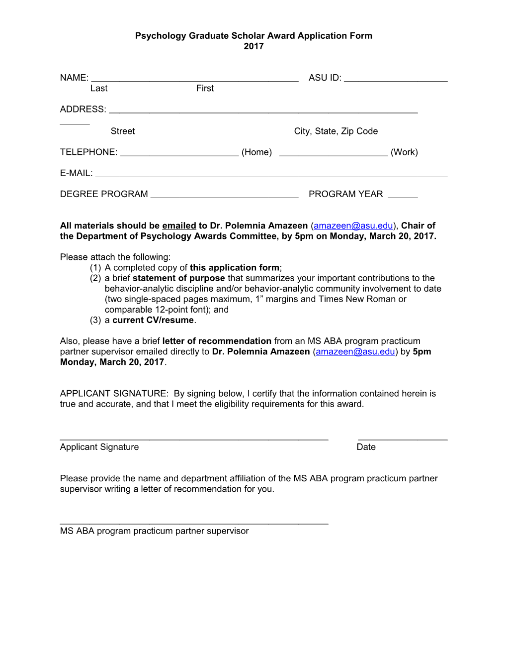 Psychology Graduate Scholar Award Application Form