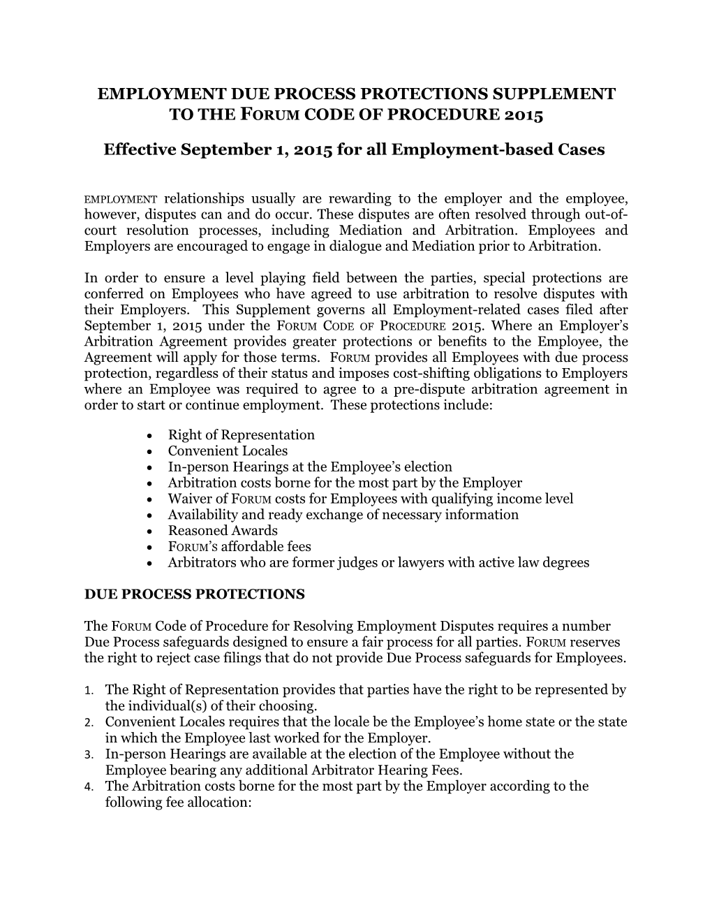 EMPLOYMENT DUE PROCESS PROTECTIONS SUPPLEMENT to the Forum CODE of PROCEDURE 2015