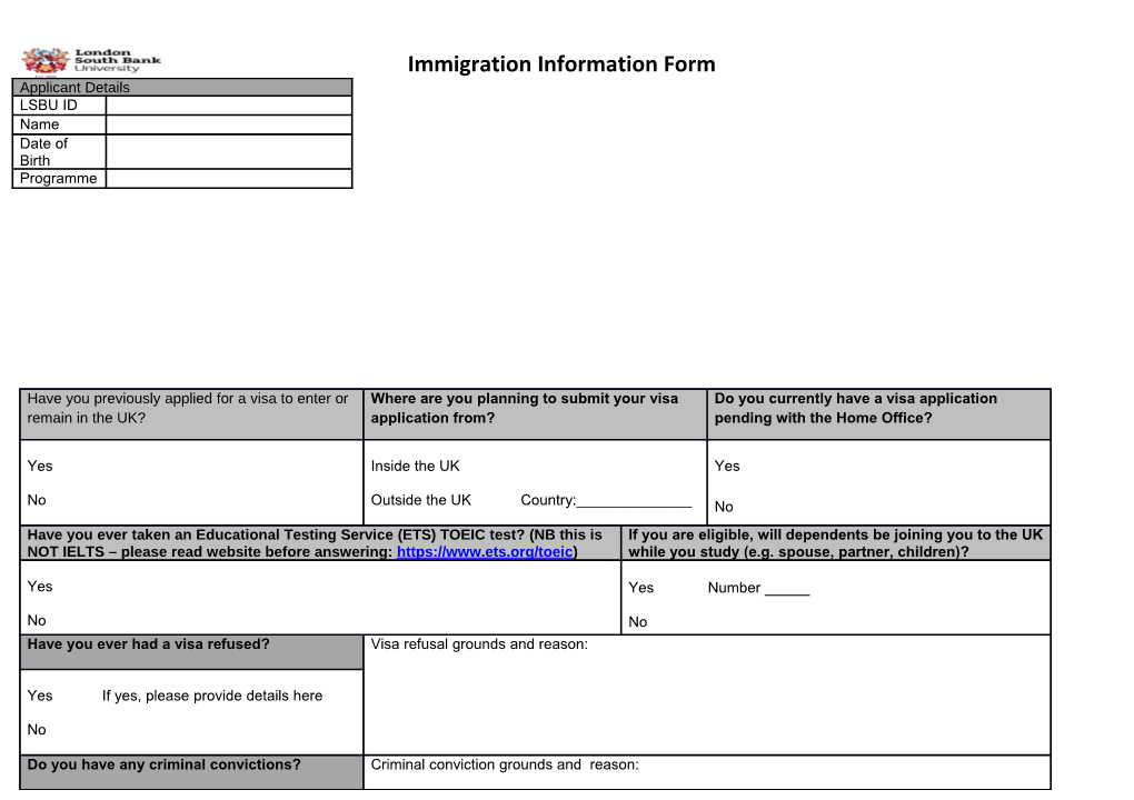 London South Bank University (LSBU) Immigration Information Form